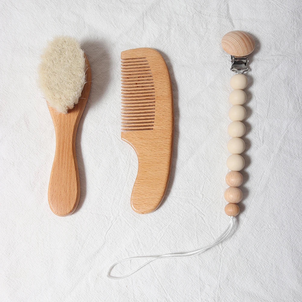 Ensemble brosse et peigne pour bébé, en bois de hêtre et laine naturelle)