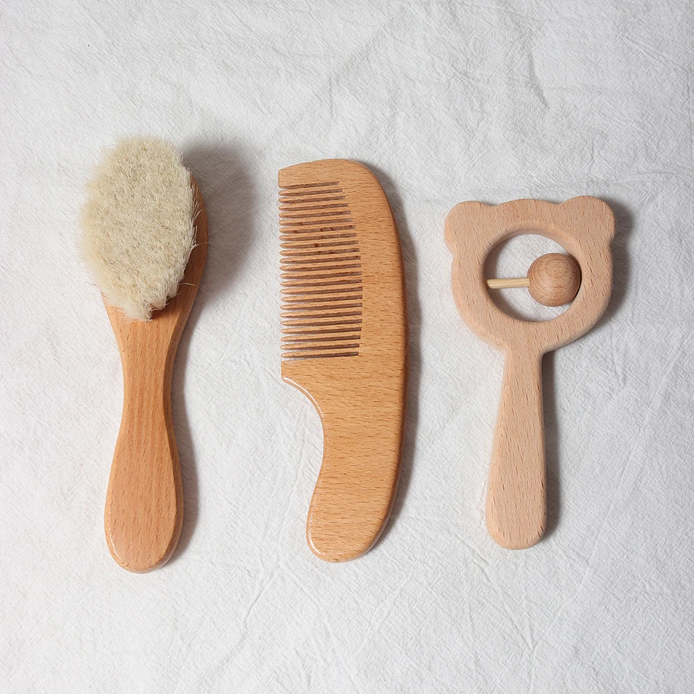 Ensemble brosse et peigne pour bébé, en bois de hêtre et laine naturelle)