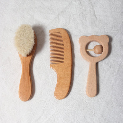 Ensemble brosse et peigne pour bébé, en bois de hêtre et laine naturelle)