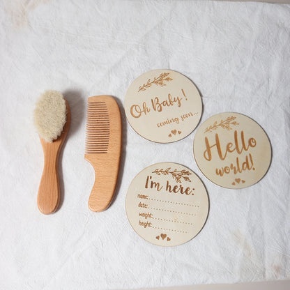 Ensemble brosse et peigne pour bébé, en bois de hêtre et laine naturelle)
