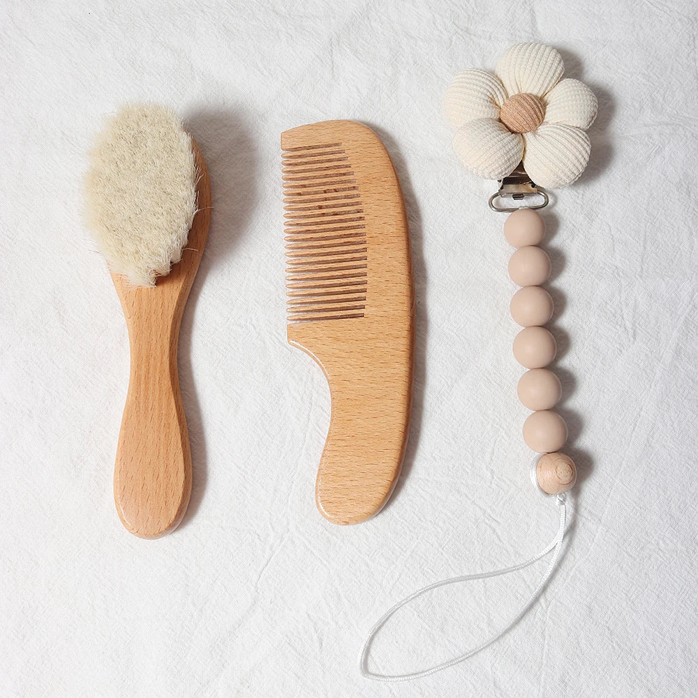Ensemble brosse et peigne pour bébé, en bois de hêtre et laine naturelle)