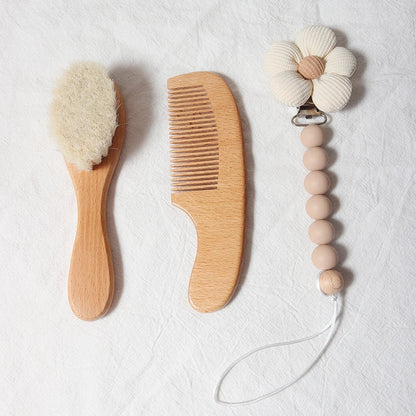 Ensemble brosse et peigne pour bébé, en bois de hêtre et laine naturelle)