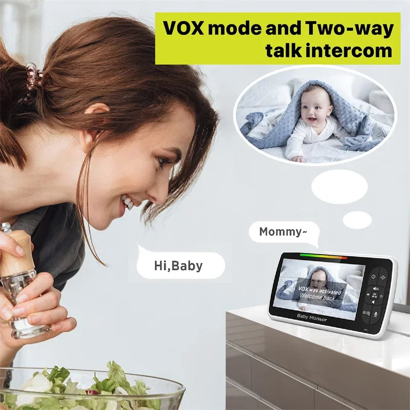 Babyphone vidéo avec écran 5 pouces, caméra télécommandée et audio.