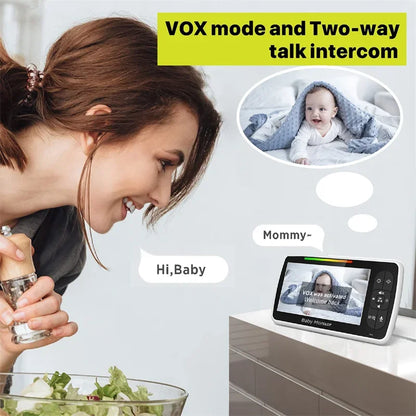Babyphone vidéo avec écran 5 pouces, caméra télécommandée et audio.