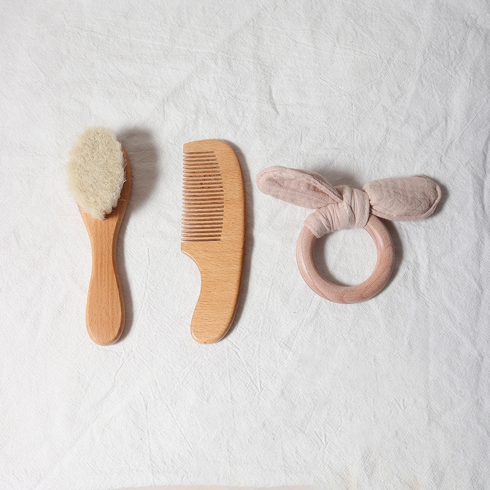 Ensemble brosse et peigne pour bébé, en bois de hêtre et laine naturelle)